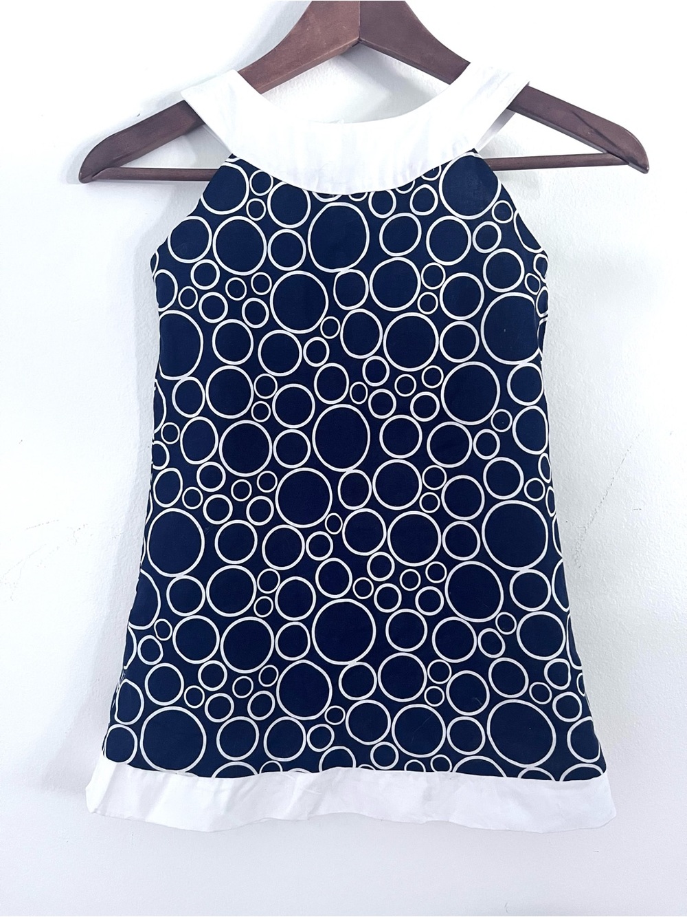 Susanne Lively Dress Sleevess Navy Blue and White w/ Geometric Circles Size 7